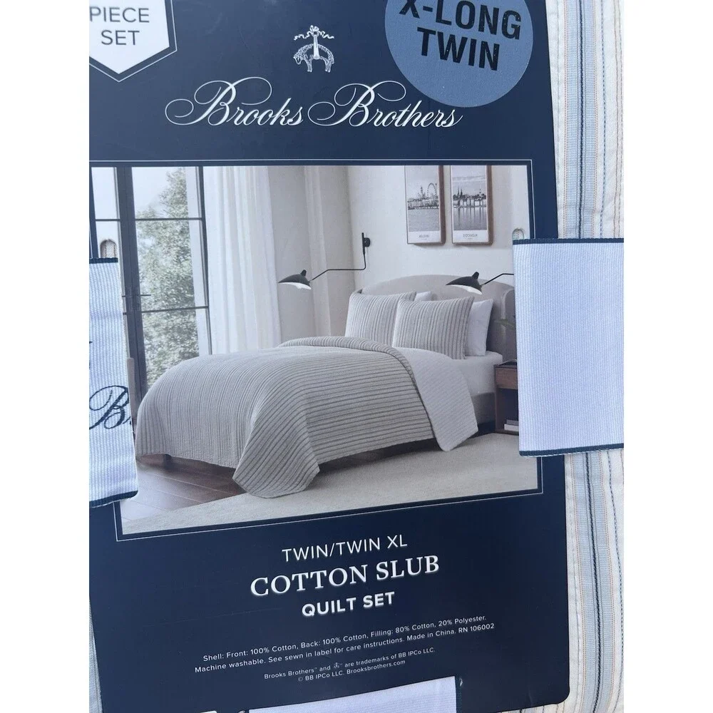 Brooks Brothers Cotton Slub Quilt and Sham Set Twin XL Light Blue White Stripes